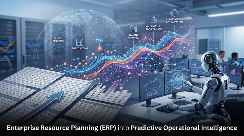 An enterprise operations center featuring an AI robot operating multi-monitor dashboards, alongside glowing digital data streams, supply chain workflow nodes, and a digital globe symbolizing predictive operational intelligence in modern ERP systems.